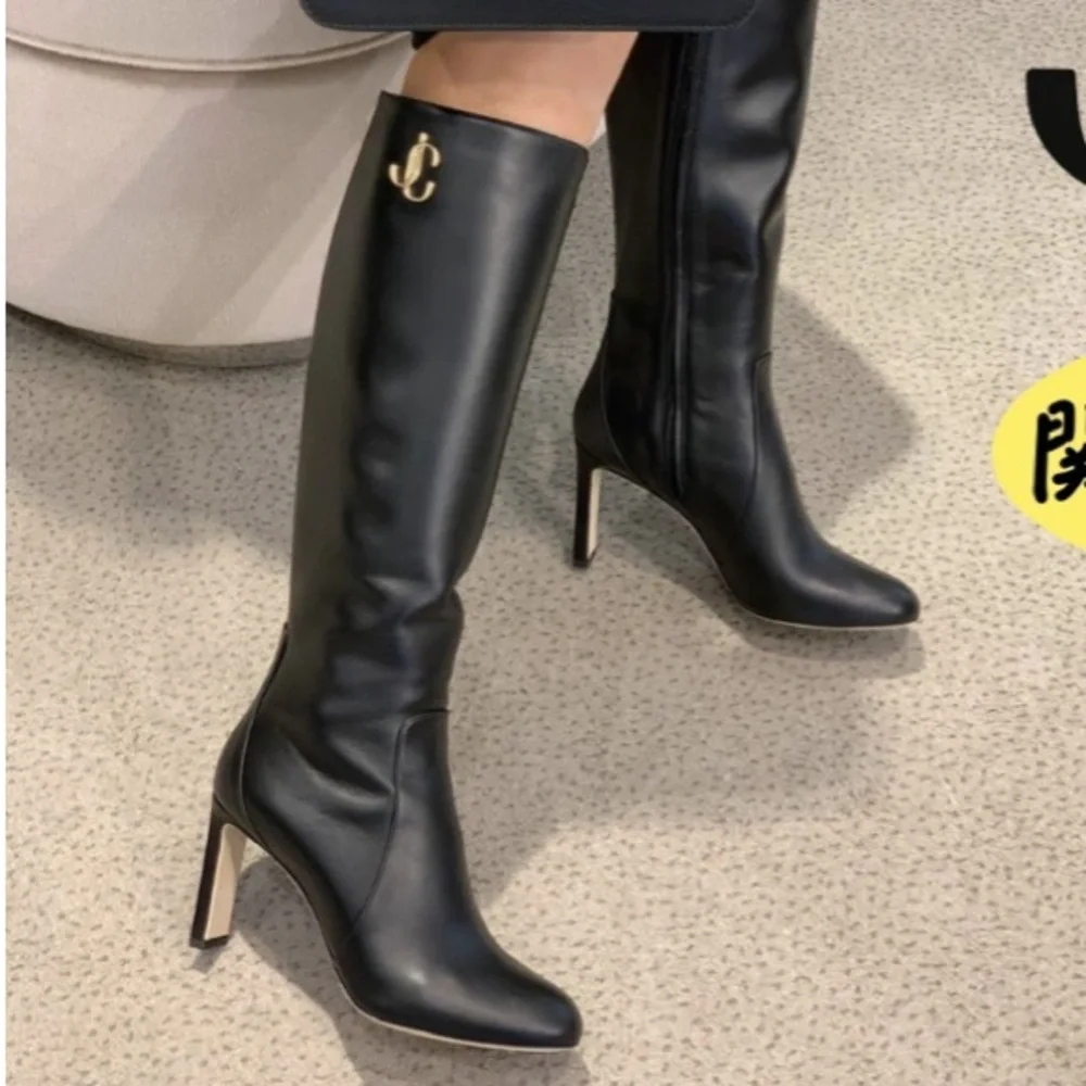 Jimmy choo black leather logo Knee high boots